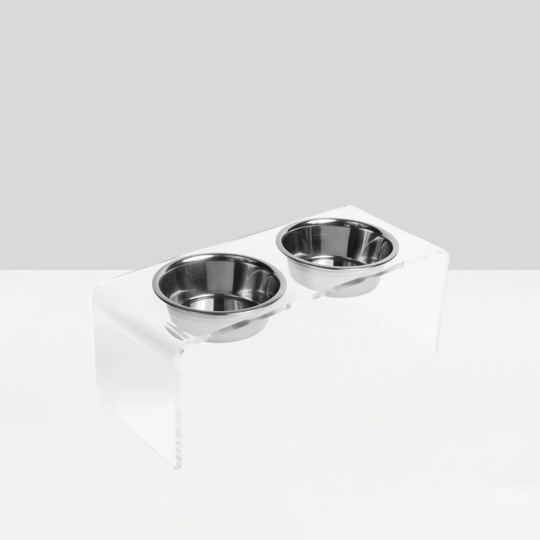 Medium Height Double Dog Bowl Feeder with Silver Stainless Steel Bowls & Acrylic Stand