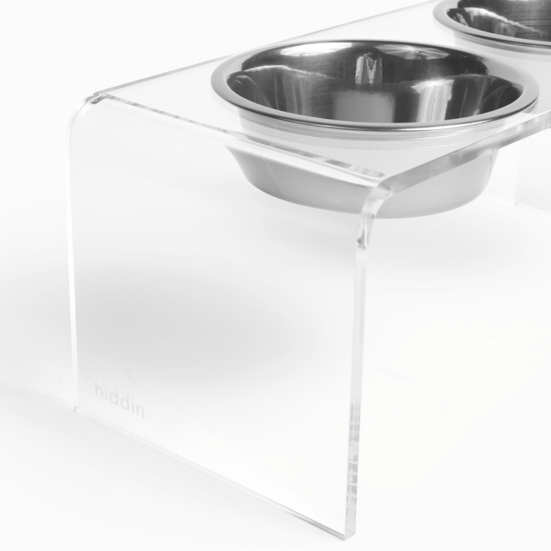 Medium Height Double Dog Bowl Feeder with Silver Stainless Steel Bowls & Acrylic Stand