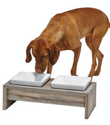 Large size dog with Bowsers Artisan elevated dog feeder with wood stand