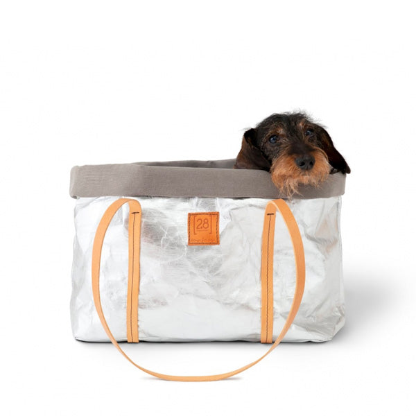 Silver color stylish dog carrier for small pets with a dachshund