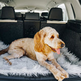 Large dog on a travel bed in car seat