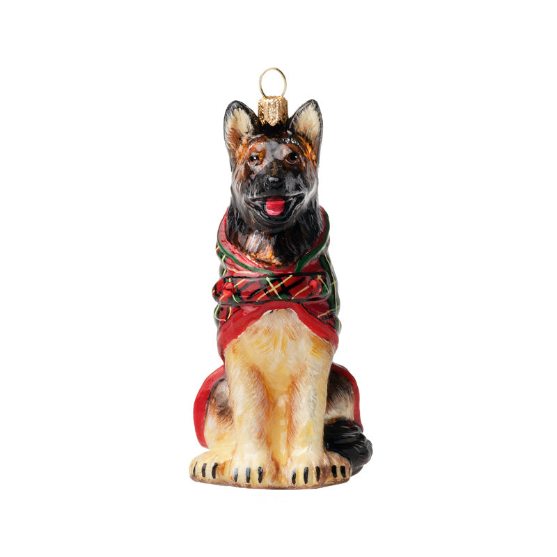 Joy To The World German Shepherd Ornament in Tartan Plaid Coat