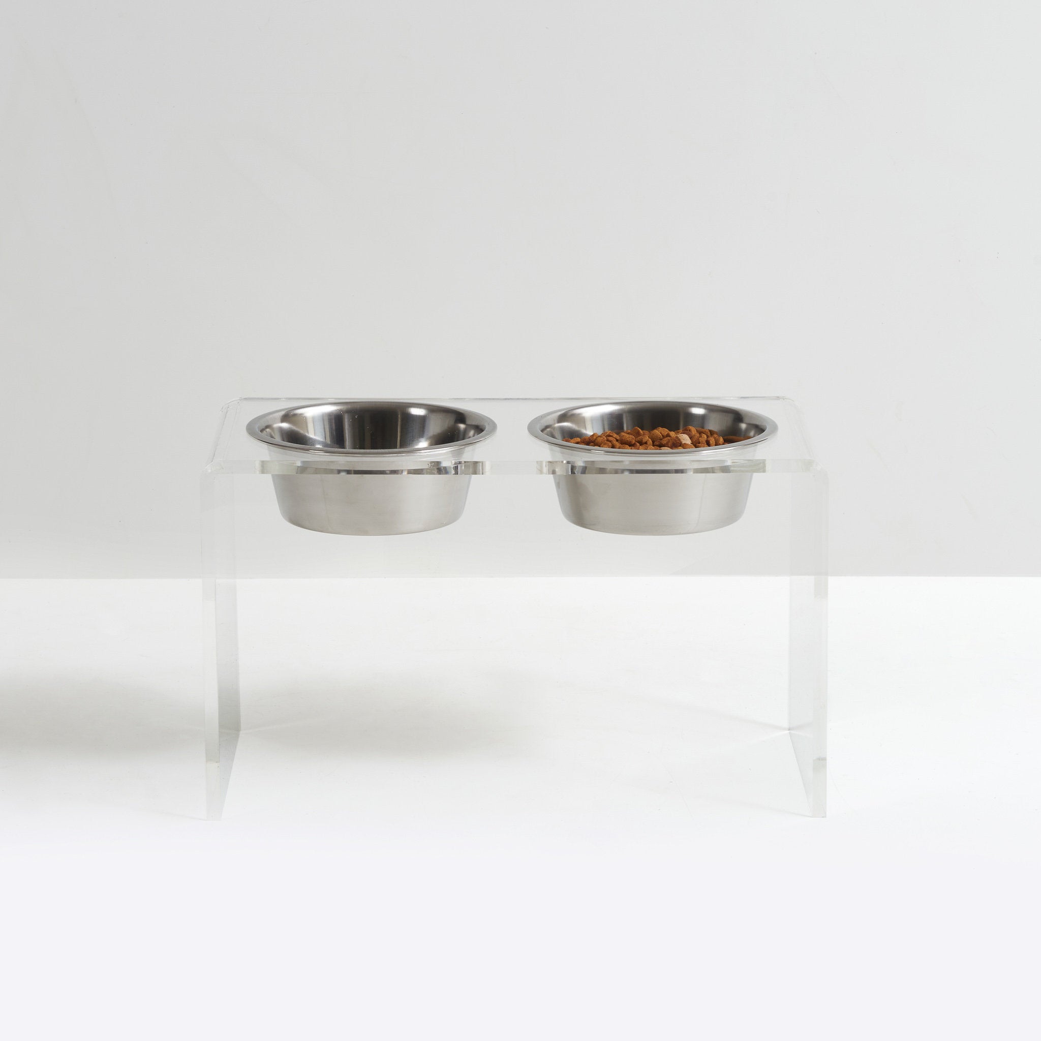 Acrylic pet feeder with two silver bowls