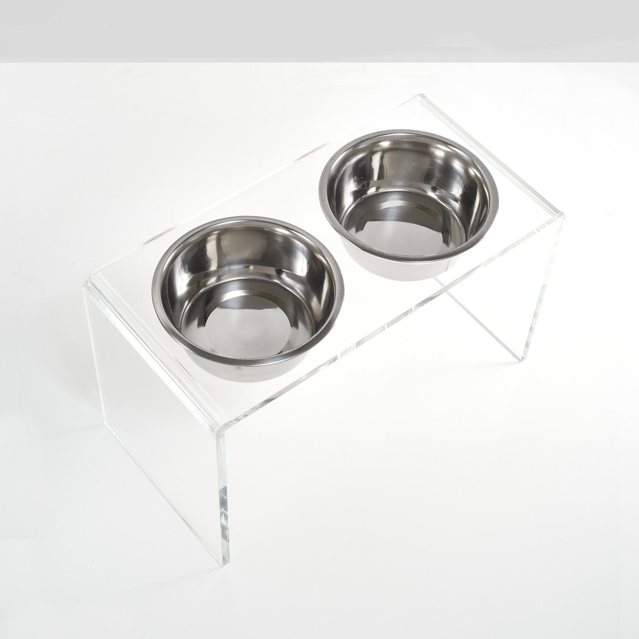 Large Clear Double Pet Bowl Feeder with Silver Bowls