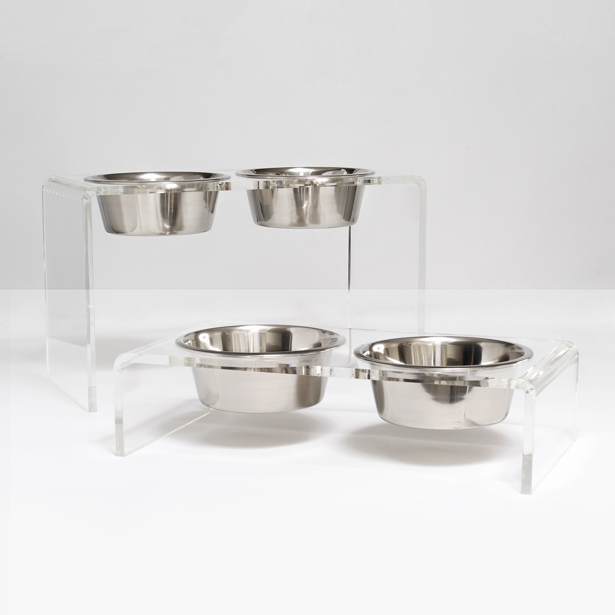 Large Clear Double Pet Bowl Feeder with Silver Bowls