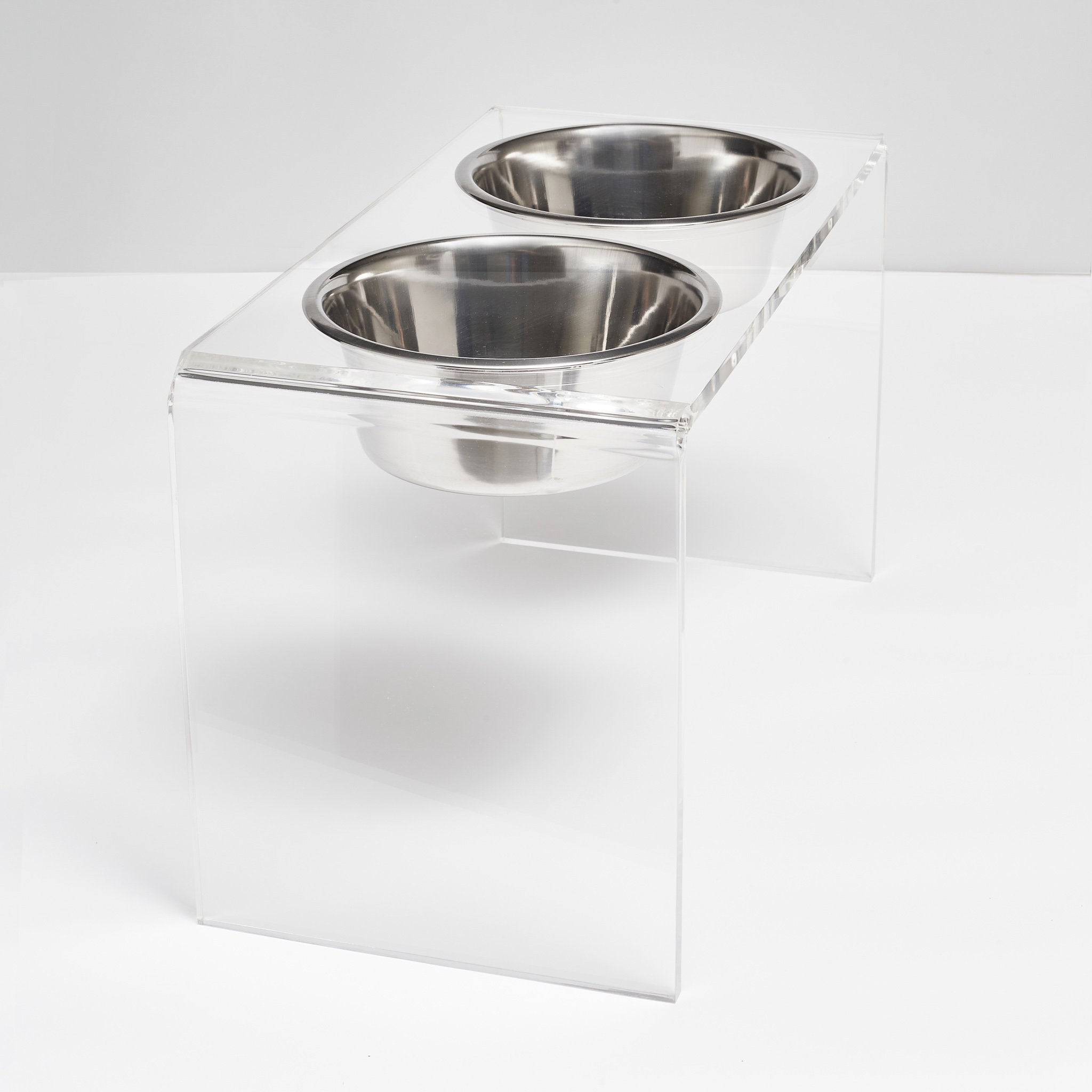 Large Clear Double Pet Bowl Feeder with Silver Bowls