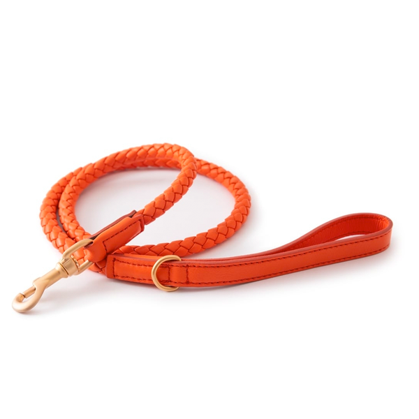 Orange color braided leather luxury dog leash by 28 Design for Dogs.