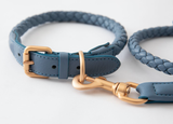 Luxury and designer dog collar leash set in blue leather. Due Punto Otto Design For Dogs.