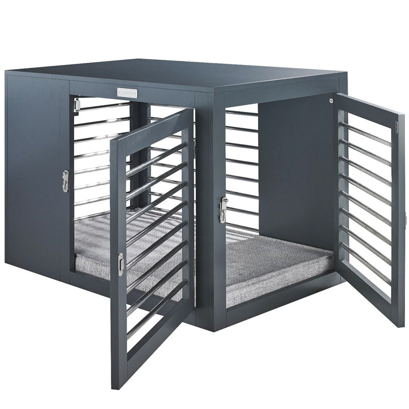 Modern dog crate with two doors that doubles as side table furniture