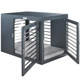 Modern dog crate with two doors that doubles as side table furniture