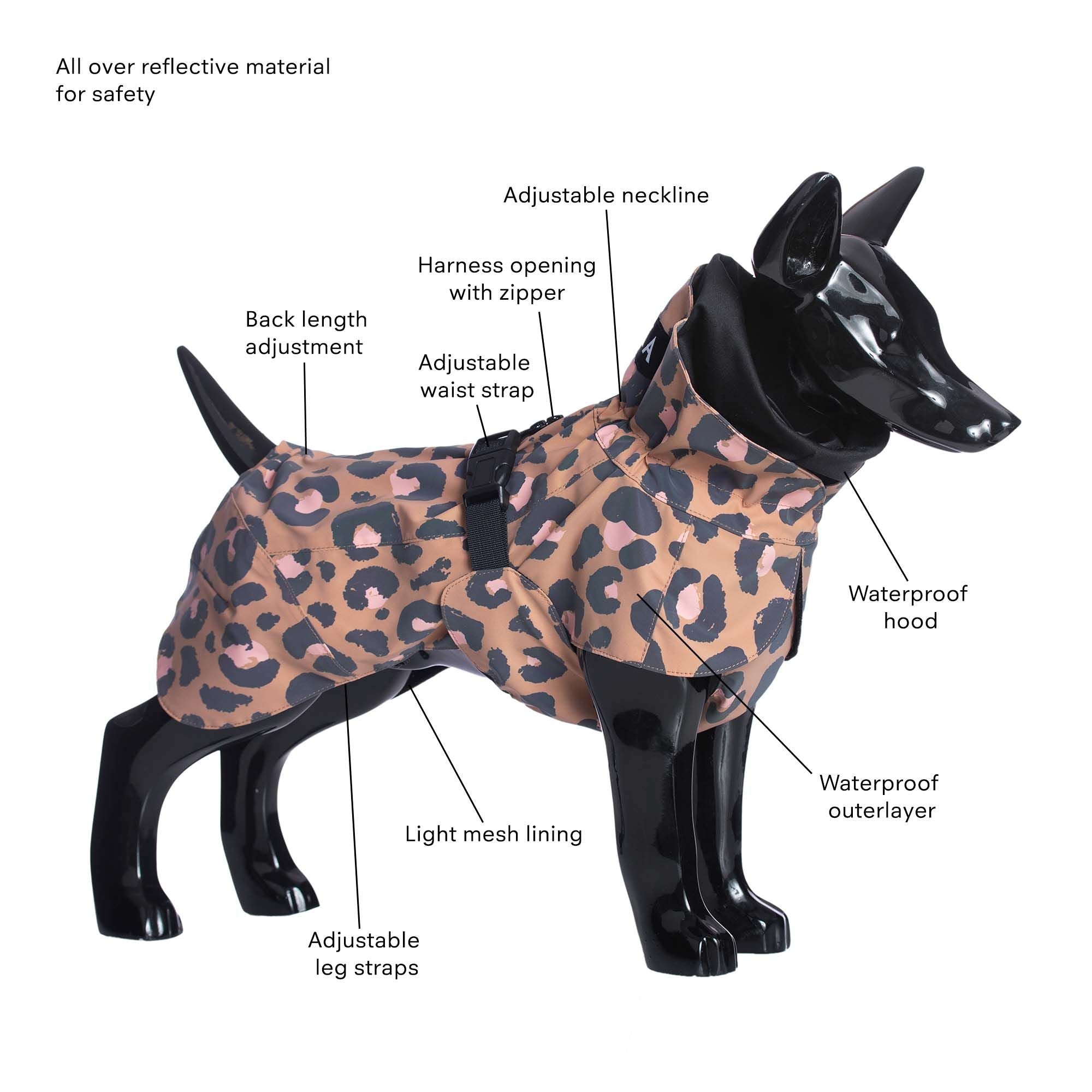 Paikka Visibility Raincoat in Leopard Pattern | Waterproof Dog Coat