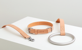 HIgh quality dog leash and collar set from Booh is soft and tan color.