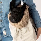 woman carrying a small schnauzer dog inside a warm dog bag carrier in style