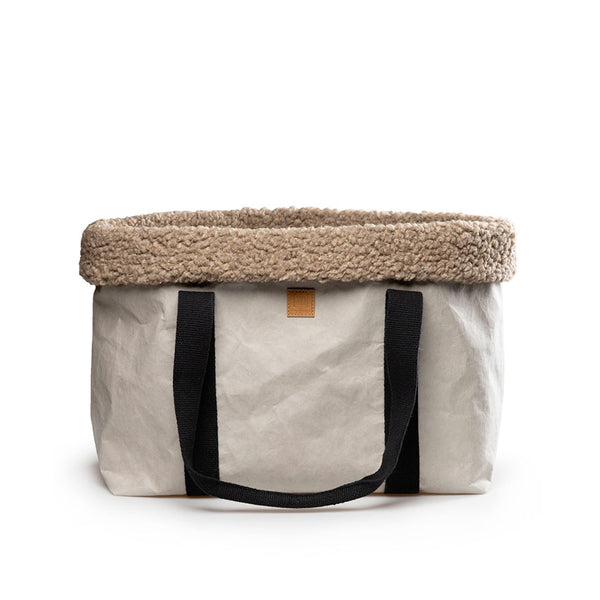 Beige dog bag carrier with warm boucle wool inner lining from Italian designer